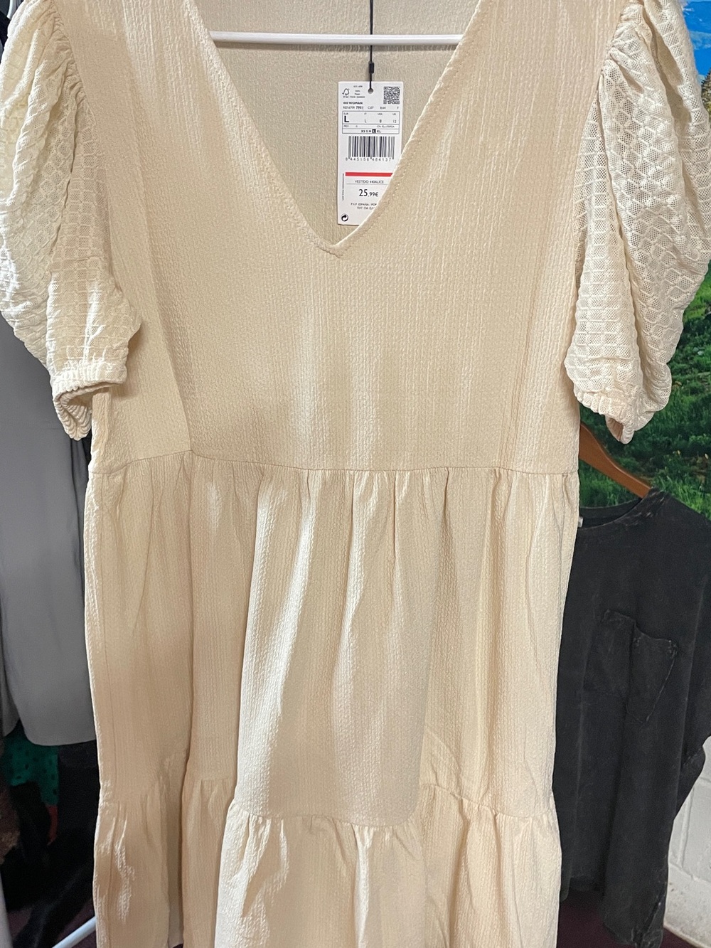 Mango Cream V-Neck Tiered Mini Dress with Puff Sleeves